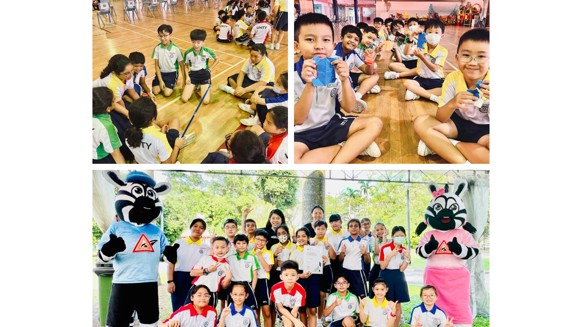 Students in school uniforms sit on a gym floor doing activities and pose outdoors with two zebra mascots.